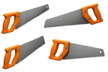 Hand saws with serrated metal blades and orange plastic handles, essential tools for diy projects and professional work