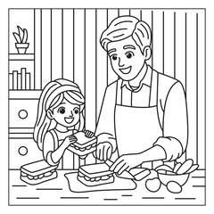 Father and kids coloring pages Dad with children activities line art illustration