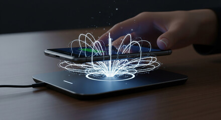 Closeup of a hand placing a smartphone onto a wireless charging pad, with glowing digital energy waves emanating from the phone, symbolizing fast and convenient wireless power transfer technology