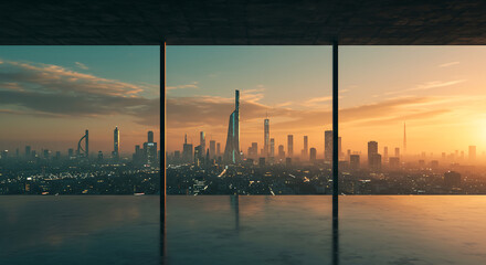 Futuristic cityscape at sunset from a modern window. Sleek buildings and city lights glow under a vibrant orange and teal sky, symbolizing the future