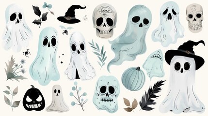 Whimsical and colorful cute ghost illustrations perfect for trendy halloween merchandise