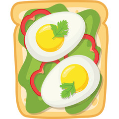 Open faced egg sandwich with lettuce red pepper and parsley on toasted bread slice top down view with transparent background
