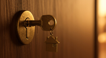 Golden key with a house-shaped keychain in a door lock. This image symbolizes homeownership, security, and new beginnings