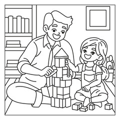 Father and kids coloring pages Dad with children activities line art illustration
