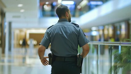 Security officer patrols shopping mall connecting with shoppers in bustling environment