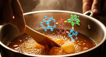 Molecular structures are visualized floating above a bubbling liquid in a saucepan, with a wooden spoon stirring the contents, suggesting a concept of chemical reactions or molecular gastronomy