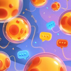 Fototapeta premium Colorful Abstract Background Featuring Bright Spheres and Speech Bubbles in a Dynamic Digital Environment