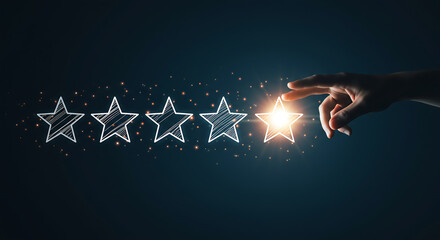 Hand touching a glowing star representing a positive rating, feedback, or achievement. Concept of satisfaction, success, or excellent service