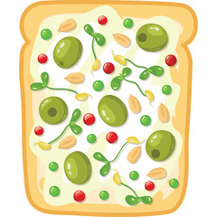 Open Faced Sandwich With Green Olives Peas Sprouts And Peanuts On Toasted Bread With Creamy Spread Detailed Flat Illustration On Transparent Background
