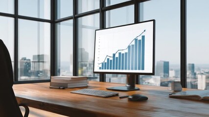 Bright modern office with wooden desk, expansive windows, and a monitor showing a rising bar chart!! - Powered by Adobe
