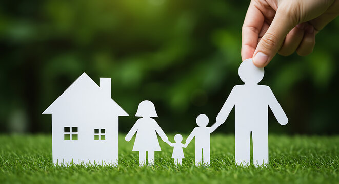 Hand places paper cutout father, uniting a family and house on green grass. This symbolizes home ownership, family security, and building a future