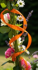 Floral arrangement with orange ribbon, daisies, roses, and lavender.
