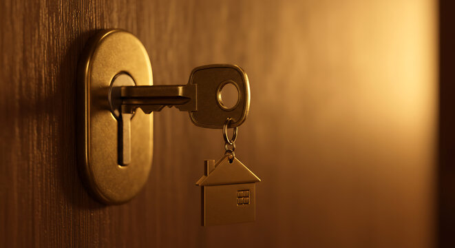 Key in a lock with a house-shaped keychain