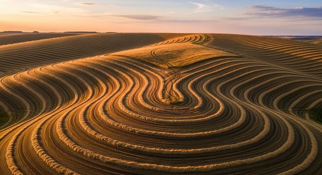 Aerial view of rolling hills with unique patterns during sunset.