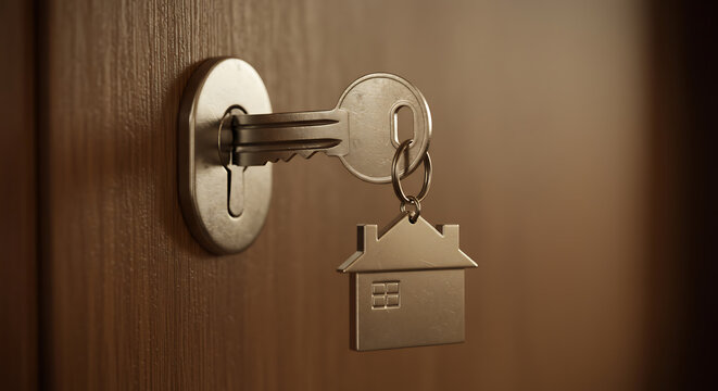 Key in the door lock with a house-shaped keychain. Symbolic of home ownership, real estate, and security
