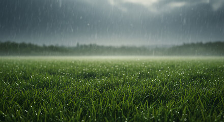 Naklejka premium Lush green grass field drenched by heavy rain under a dramatic, dark cloudy sky
