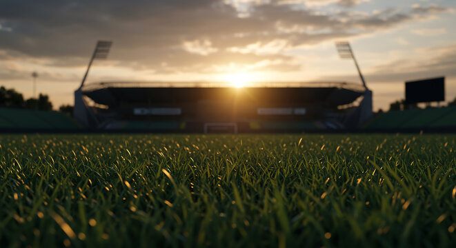 Lush green football field grass is warmly illuminated by the brilliant golden light of a dramatic sunset