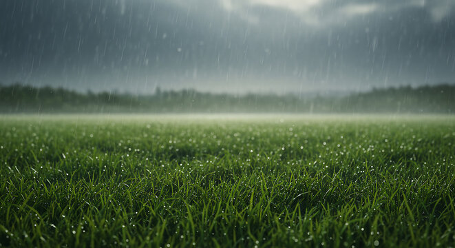Lush green grass field drenched by heavy rain under a dramatic, dark cloudy sky