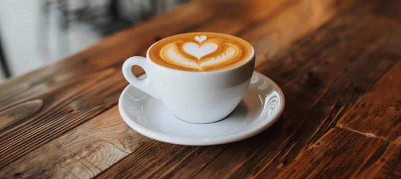 Close up of latte with heart shaped foam art in white cup on rustic wooden table for coffee lovers