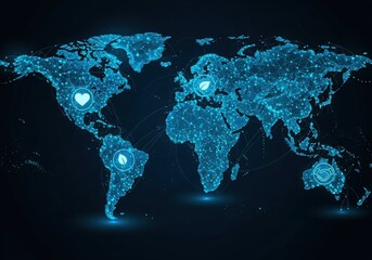Global network connection with eco, heart, and handshake icons on abstract map