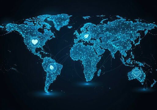 Global network connection with eco, heart, and handshake icons on abstract map