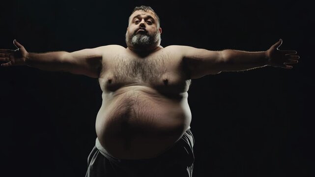 Man in studio shows confidence by posing with arms outstretched, reflecting self-acceptance and body positivity - Powered by Adobe
