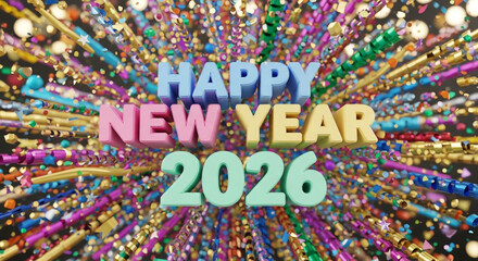 Vibrant 3d rendering of happy new year 2026 text surrounded by exploding colorful confetti and streamers for a festive celebration background