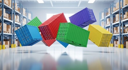 Colorful containers floating in a warehouse, logistics and storage concept.