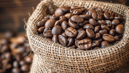 Aromatic coffee beans in a burlap sack  rustic cafe vibe with natural textures and aesthetic appeal
