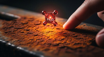 A fingertip points towards a glowing red, molecular structure labeled fe2o3 hovering above a heavily rusted metal surface, representing iron oxide and the process of corrosion