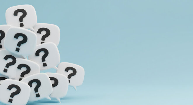 Stack of white speech bubbles with question marks on light blue background. Concept for FAQ, support, knowledge, problem, search