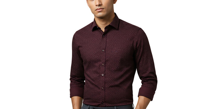 Studio shot of an Asian man wearing a maroon patterned, long-sleeve button-down shirt for a smart casual look