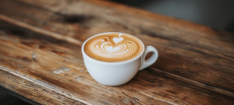 Aesthetic close up of heart shaped foam art on a latte in white cup on rustic wooden table