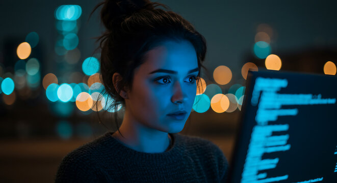 Young woman focused on a computer screen in a night scene, likely coding or working on a project