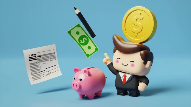 3D Cartoon Businessman Character with Piggy Bank and Tax Form 1040 for Financial Planning and Accounting