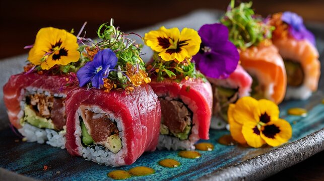 Colorful Sushi Rolls with Edible Flowers and Vibrant Garnishes on a Blue Plate, Showcasing Culinary Artistry and Fresh Ingredients