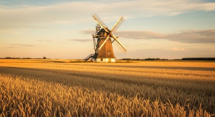 Golden Hour Windmill in a Wheat Field Landscape.