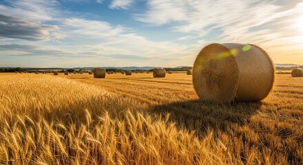 Golden Field of Wheat with Hay Bales Under a Sunny Sky.