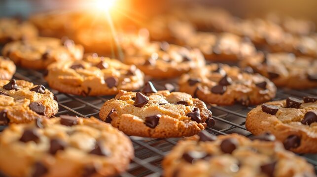 Rustic home baking close up of freshly baked chocolate chip cookies on a cooling rack
