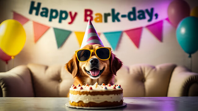 Funny dog in party hat and sunglasses sitting by birthday cake. Festive scene with balloons, banner, and joyful pet celebration. Perfect for humor and lifestyle themes. - Powered by Adobe