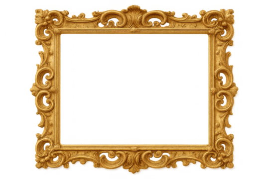 Ornate gold picture frame with rococo style carvings on a transparent background, perfect for adding traditional elegance
