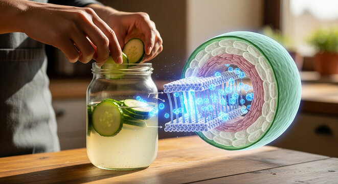 Person adding cucumber slices to a jar of water, with a holographic display of dna strands, symbolizing healthy hydration and cellular benefits