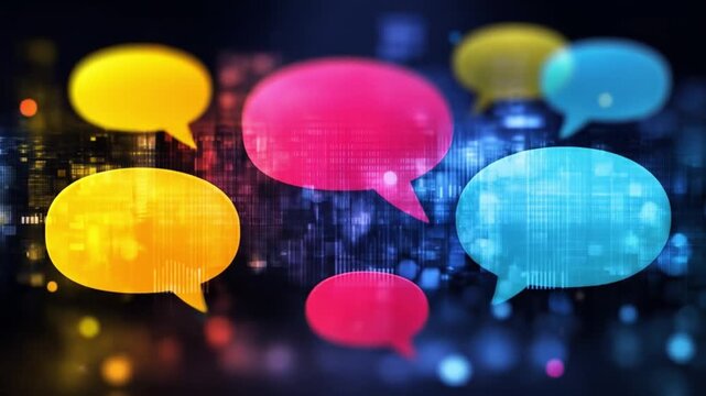 Colorful speech bubbles hover over a neon cityscape, glowing digital chatter at night. Vibrant glow