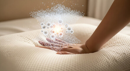 Closeup of a hand pressing into a soft pillow, with animated particles and bubbles representing comfort, support, and advanced material technology