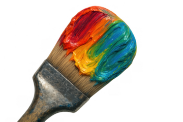Paintbrush holding thick, vibrant rainbow colors of paint, symbolizing creativity, inspiration, and art. Transparent background