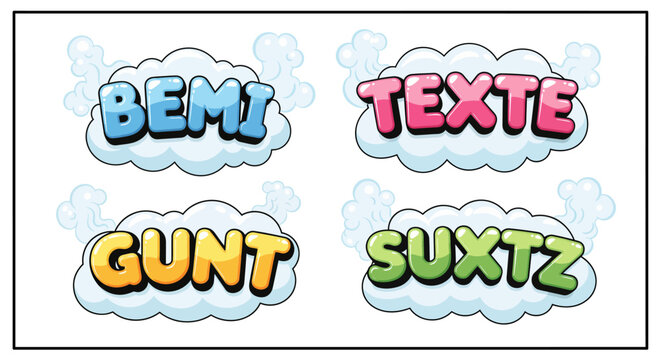 Four colorful text designs, each with a unique word, set against a cloud background.