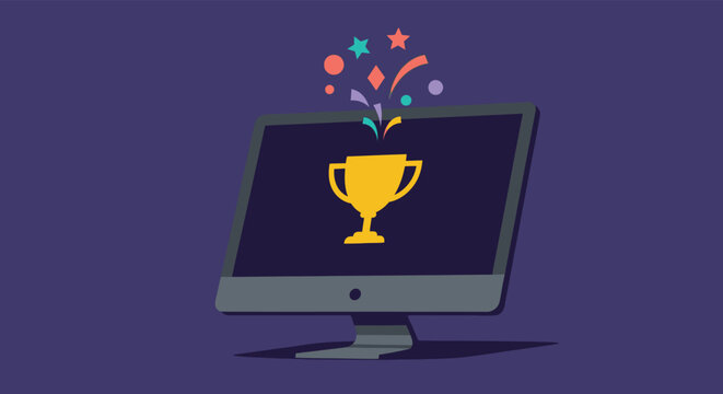 A computer screen displays a golden trophy with colorful confetti bursting out, symbolizing digital achievement and online success