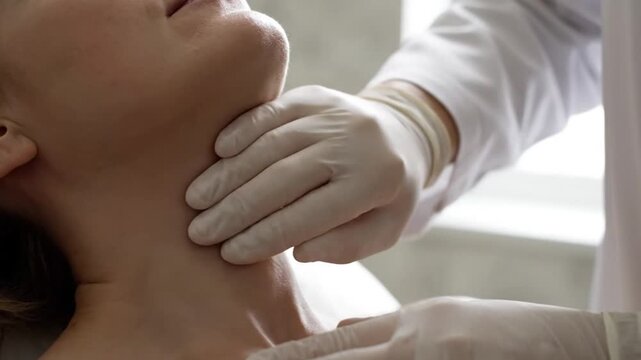 Doctor Palpating Neck of Woman in Medical Examination Room for Thyroid Checkup Medical Screenings and Disease Awareness with Neck Pain and Sore Throat Concept 180-Degree View