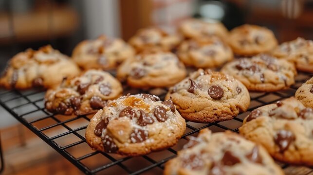 Warmly lit close up of freshly baked chocolate chip cookies on a rustic cooling rack