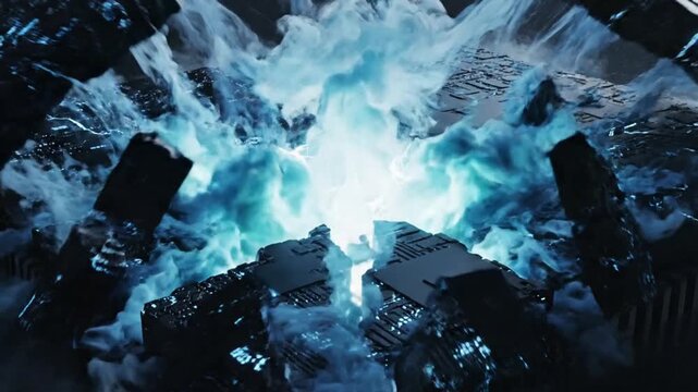 Abstract Digital Composition Featuring a Glowing Core Surrounded by Geometric Structures and Ethereal Effects, Illustrating Energy and Technology